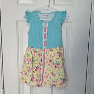 Charming Floral Kids Dress with Blue and Yellow Accents